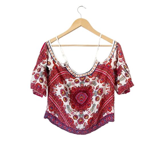 Flying Tomato Cold Shoulder Red and White Boho Rayon Top Size Small - Picture 3 of 3
